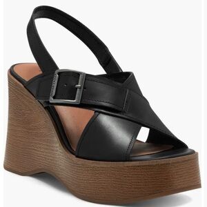 Lucky Brand Delaynee Platform Wedge Black Leather Slingback Sandal Size 6 FLAWED